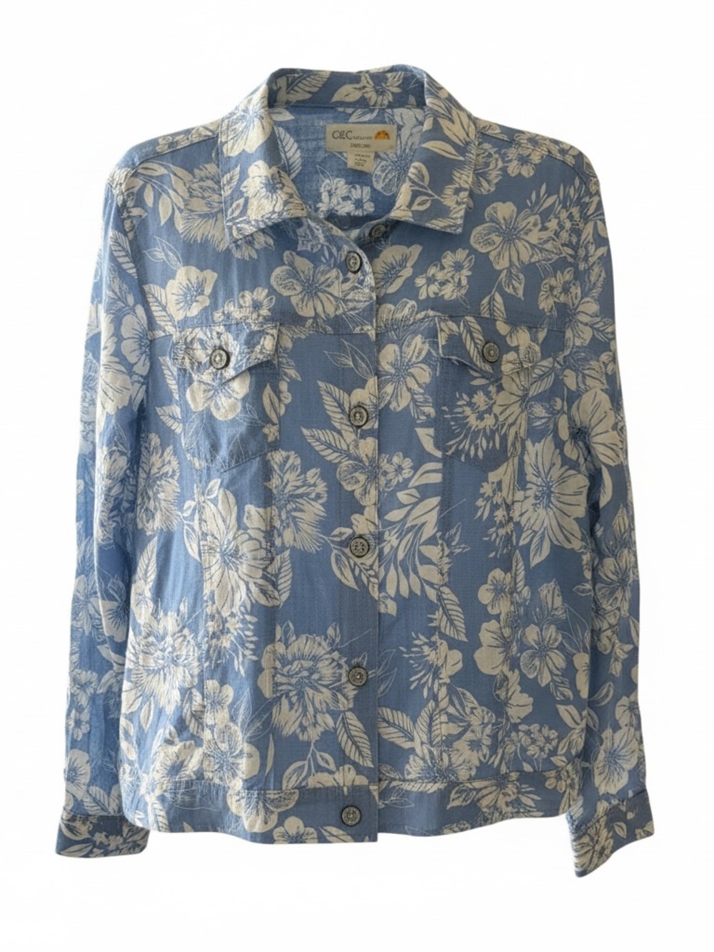 C&C California Blue & Off White Floral Button-Up Jacket Linen Women’s XL